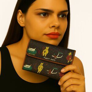 Black Faux Leather Wallet – Fun Graphic Print Party Cats - Brown Trim, Cute Gift